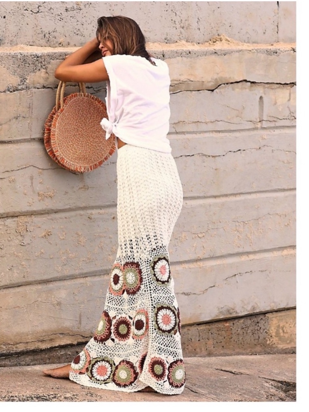 Flook the Label  Crochet Maxi Skirt in Cream with Pink & Green Floral